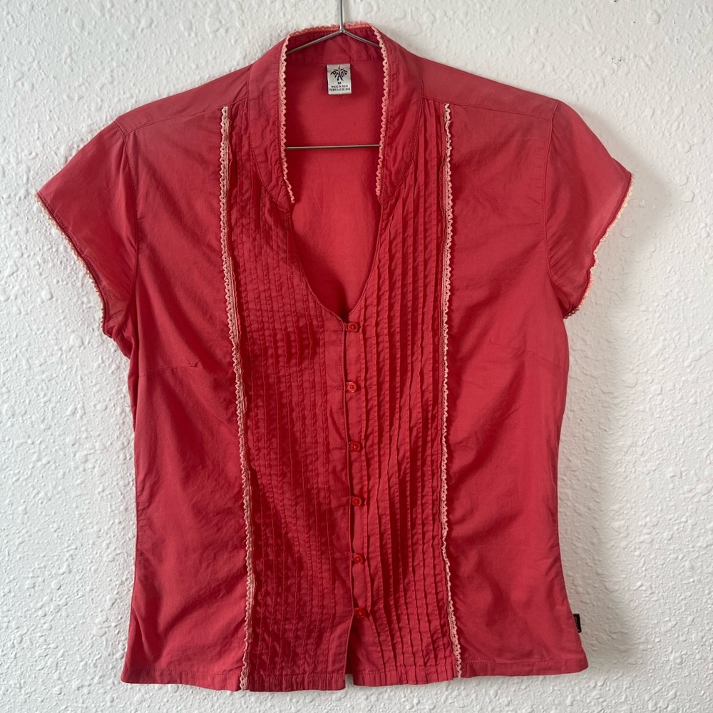 prAna Coral Pintuck Lace Trim Cotton Blouse M